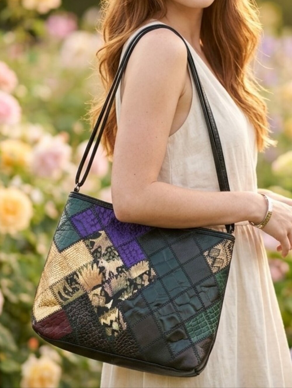 Vintage VALERIE BARAD Patchwork Leather Crossbody Bag in Black and Jewel Tones